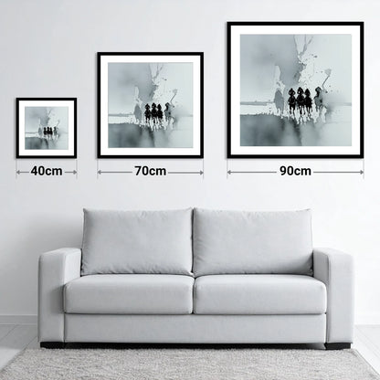 The Dawn Run - size guide showing 40cm, 70cm and 90cm art prints