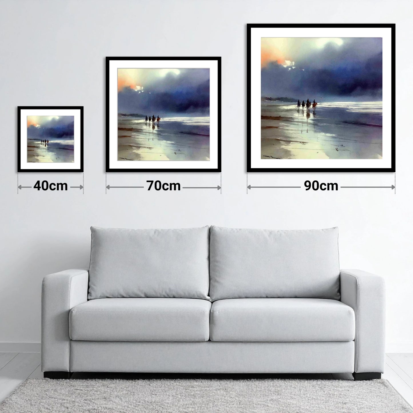 Storm Light Beach Hack - size guide showing 40cm, 70cm and 90cm art prints