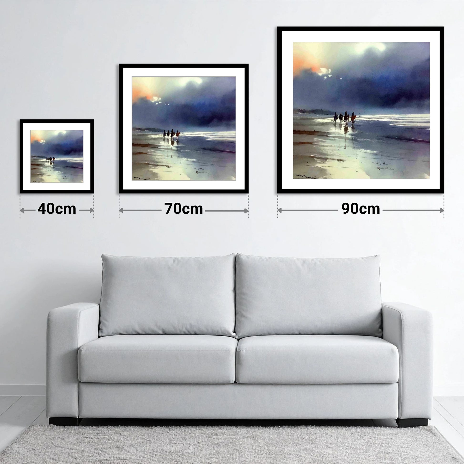 Storm Light Beach Hack - size guide showing 40cm, 70cm and 90cm art prints