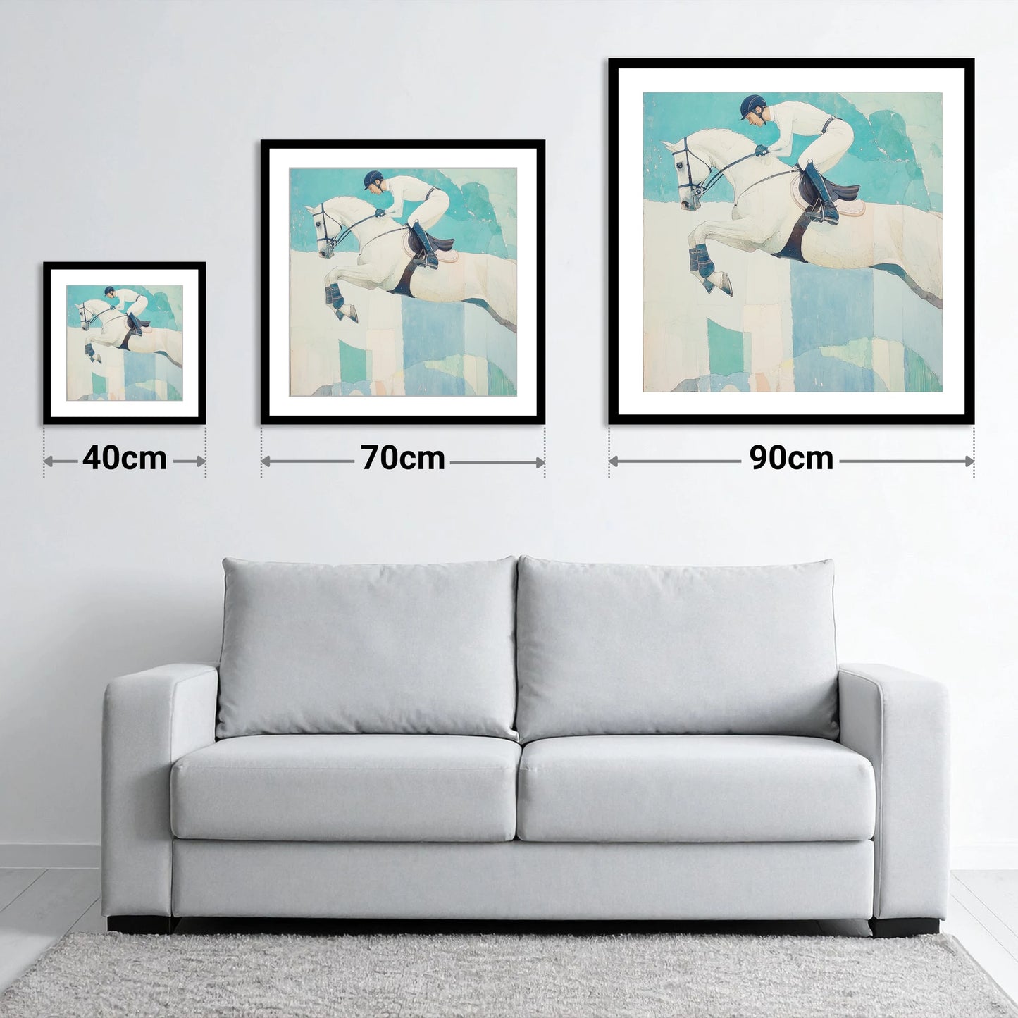 Teal Ascent - size guide showing 40cm, 70cm and 90cm art prints