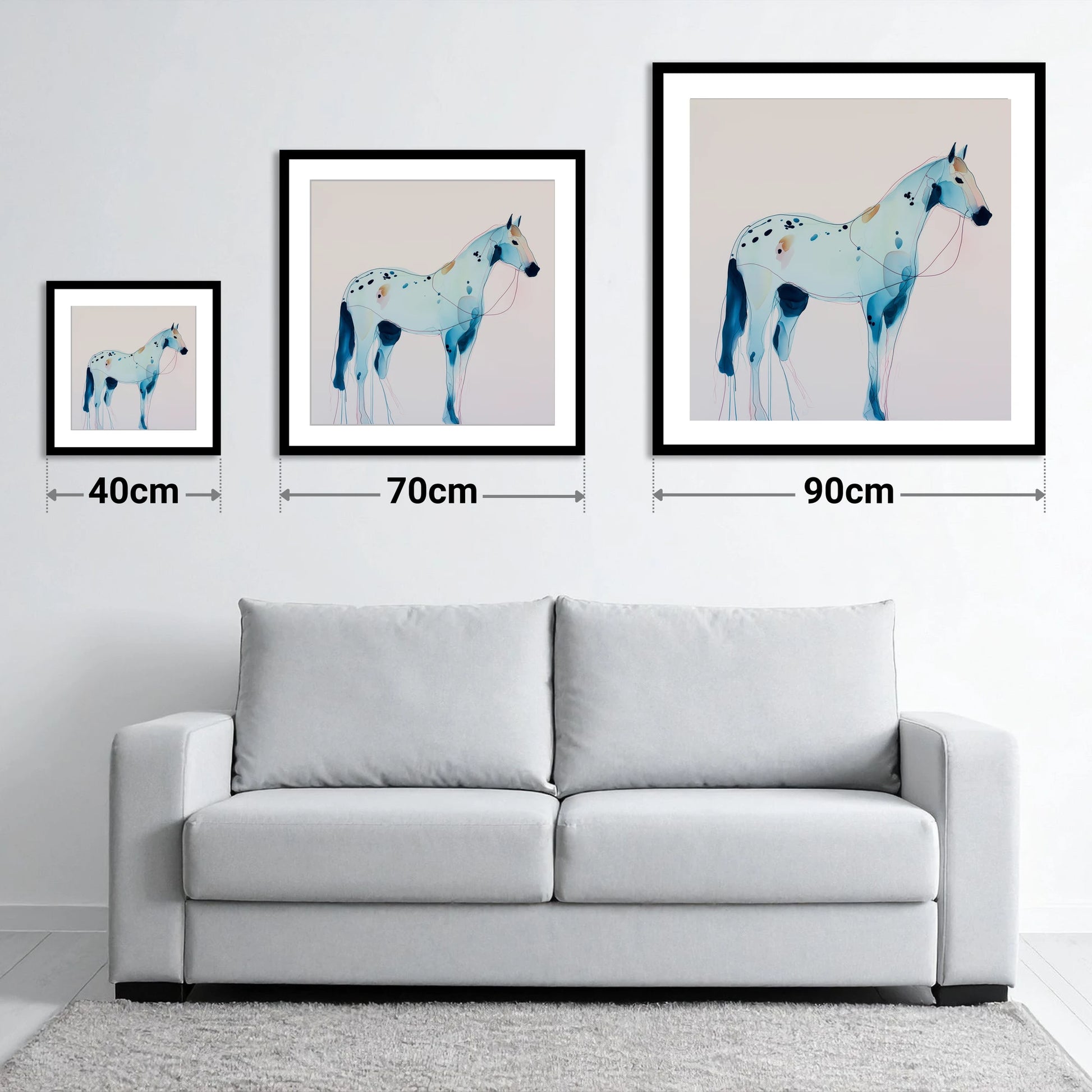 Ethereal Blue Appaloosa - size guide showing 40cm, 70cm and 90cm art prints