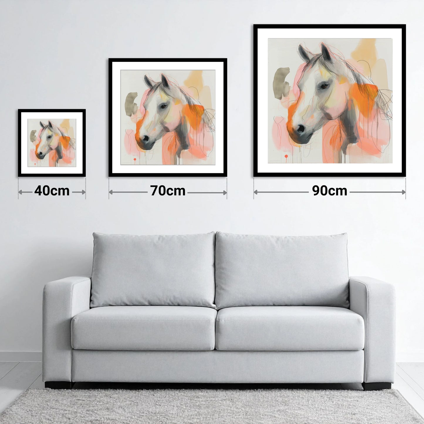 Vibrant Sunset Grey - size guide showing 40cm, 70cm and 90cm art prints