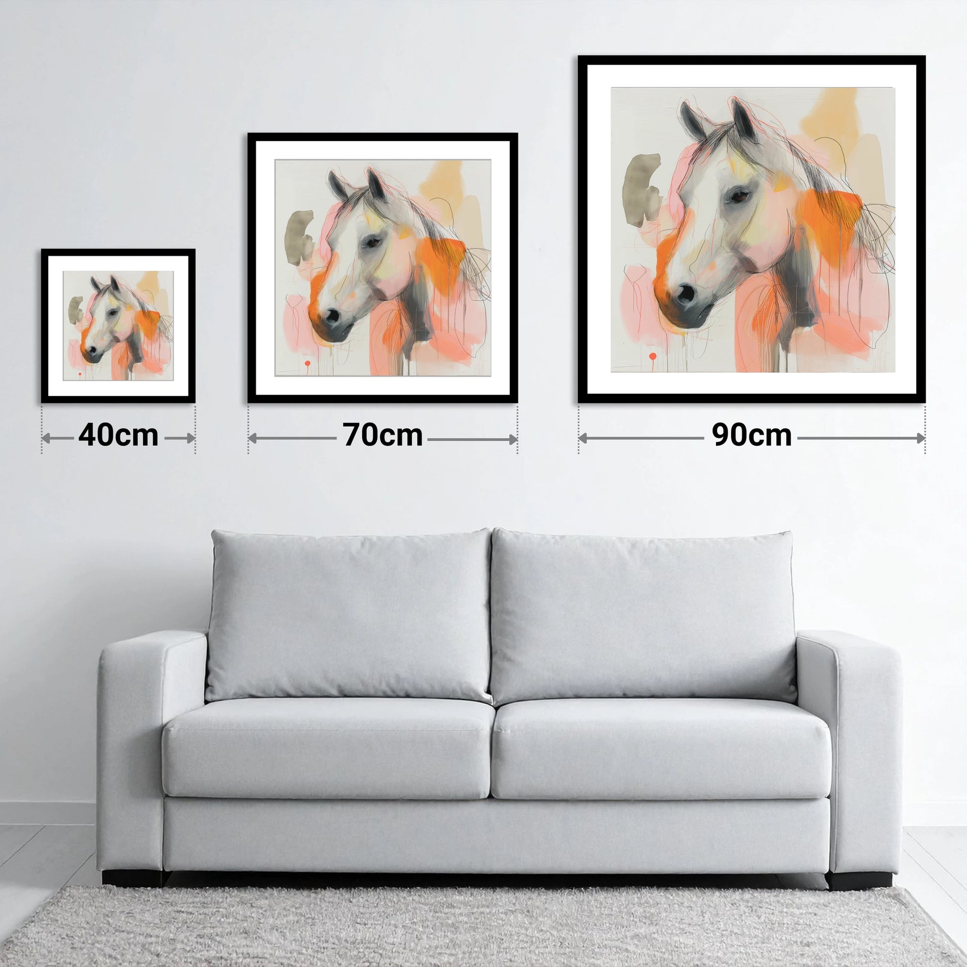 Vibrant Sunset Grey - size guide showing 40cm, 70cm and 90cm art prints
