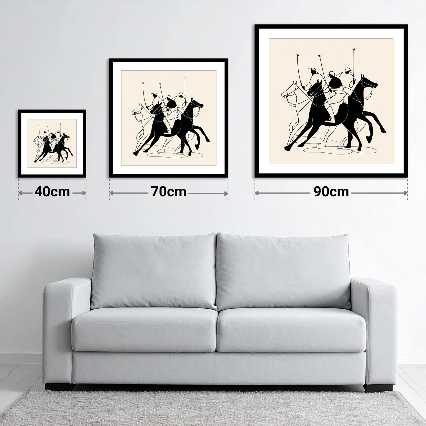 Dynamic Polo Silhouettes - size guide showing 40cm, 70cm and 90cm art prints