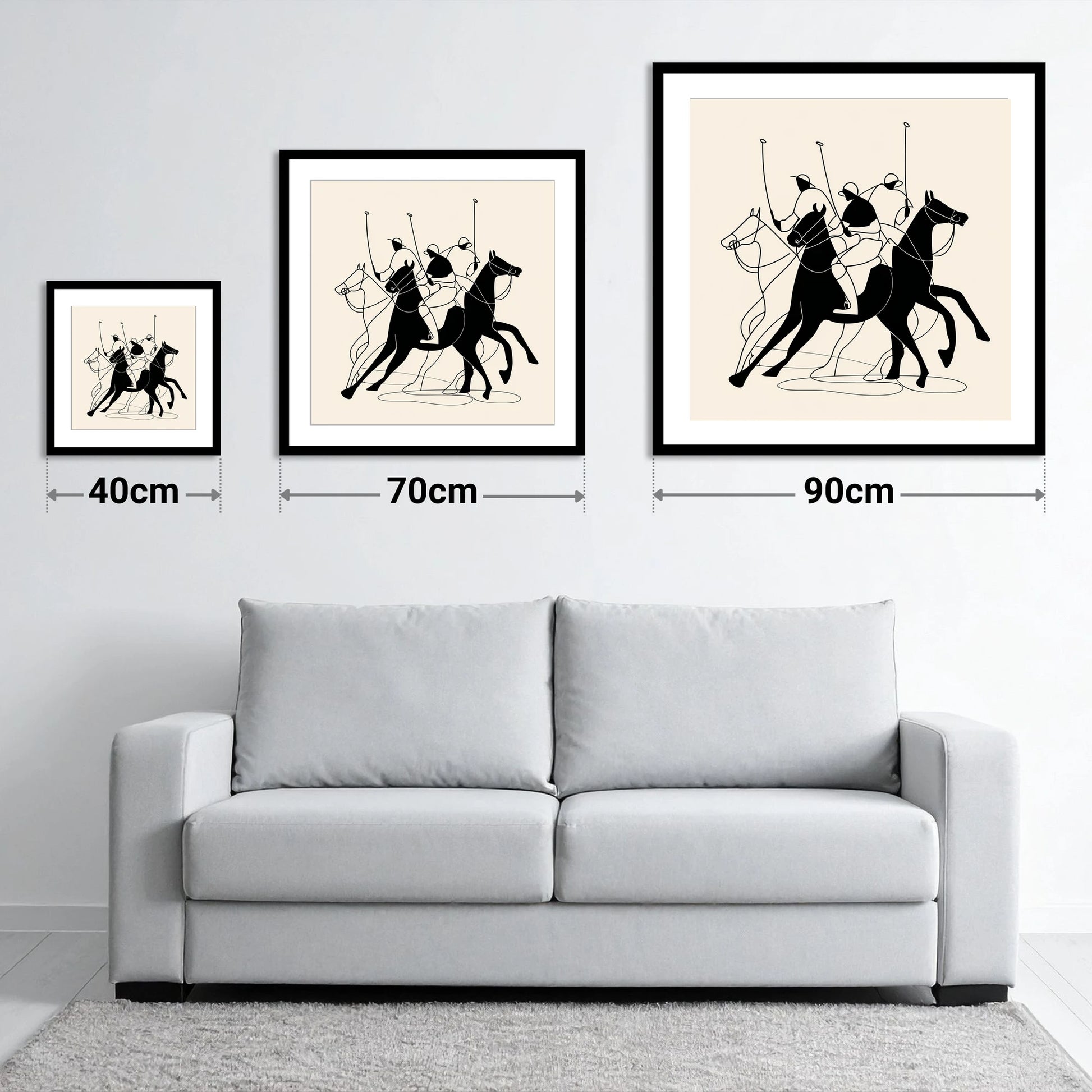 Dynamic Polo Silhouettes - size guide showing 40cm, 70cm and 90cm art prints