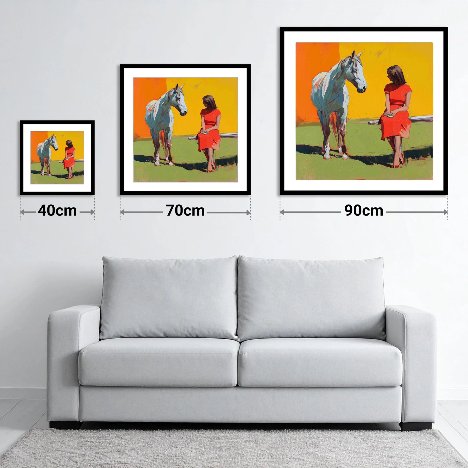 Vibrant Connection - size guide showing 40cm, 70cm and 90cm art prints