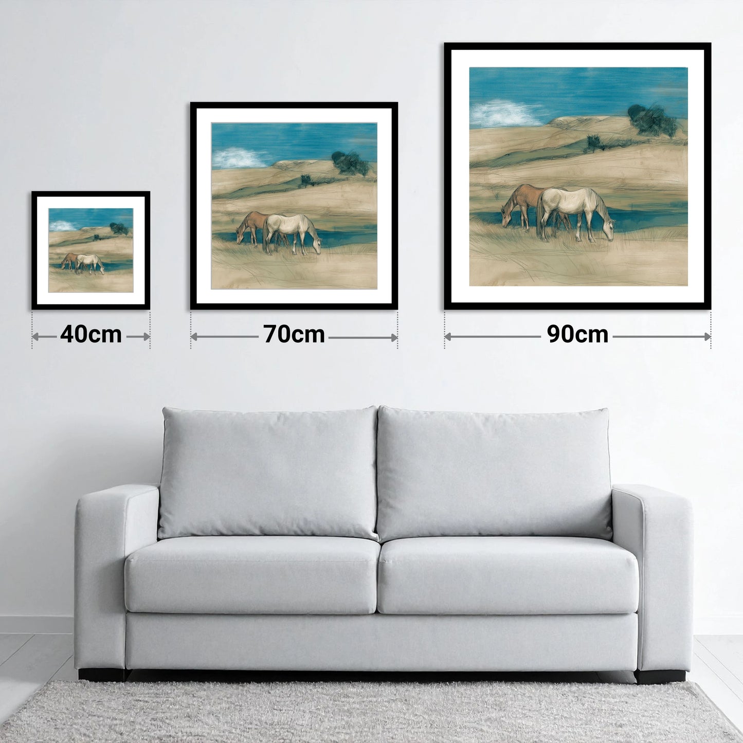 Grazing Beneath Teal Skies - size guide showing 40cm, 70cm and 90cm art prints