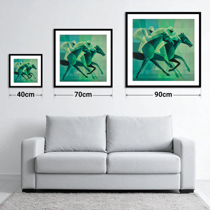 Emerald Racing Pace - size guide showing 40cm, 70cm and 90cm art prints