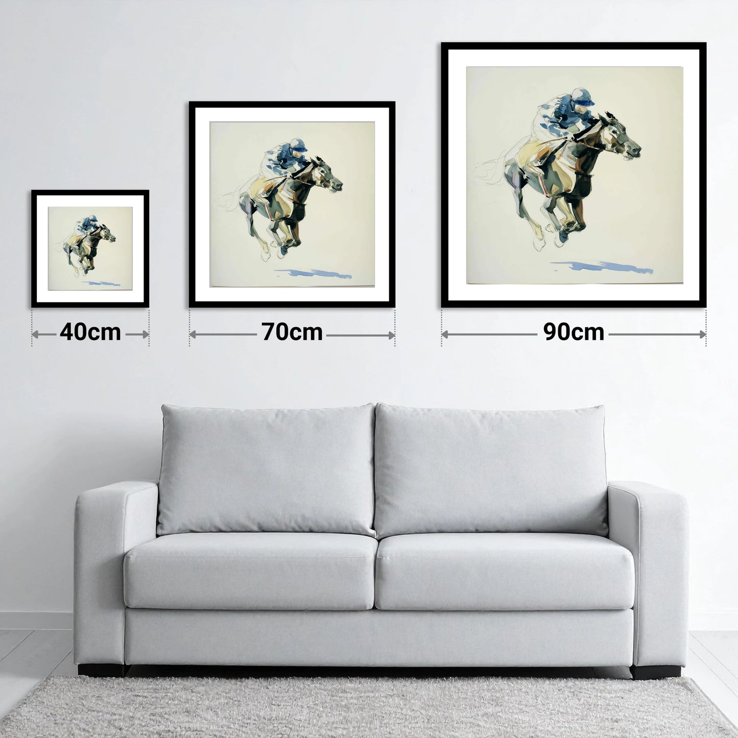 Cerulean Stride - size guide showing 40cm, 70cm and 90cm art prints