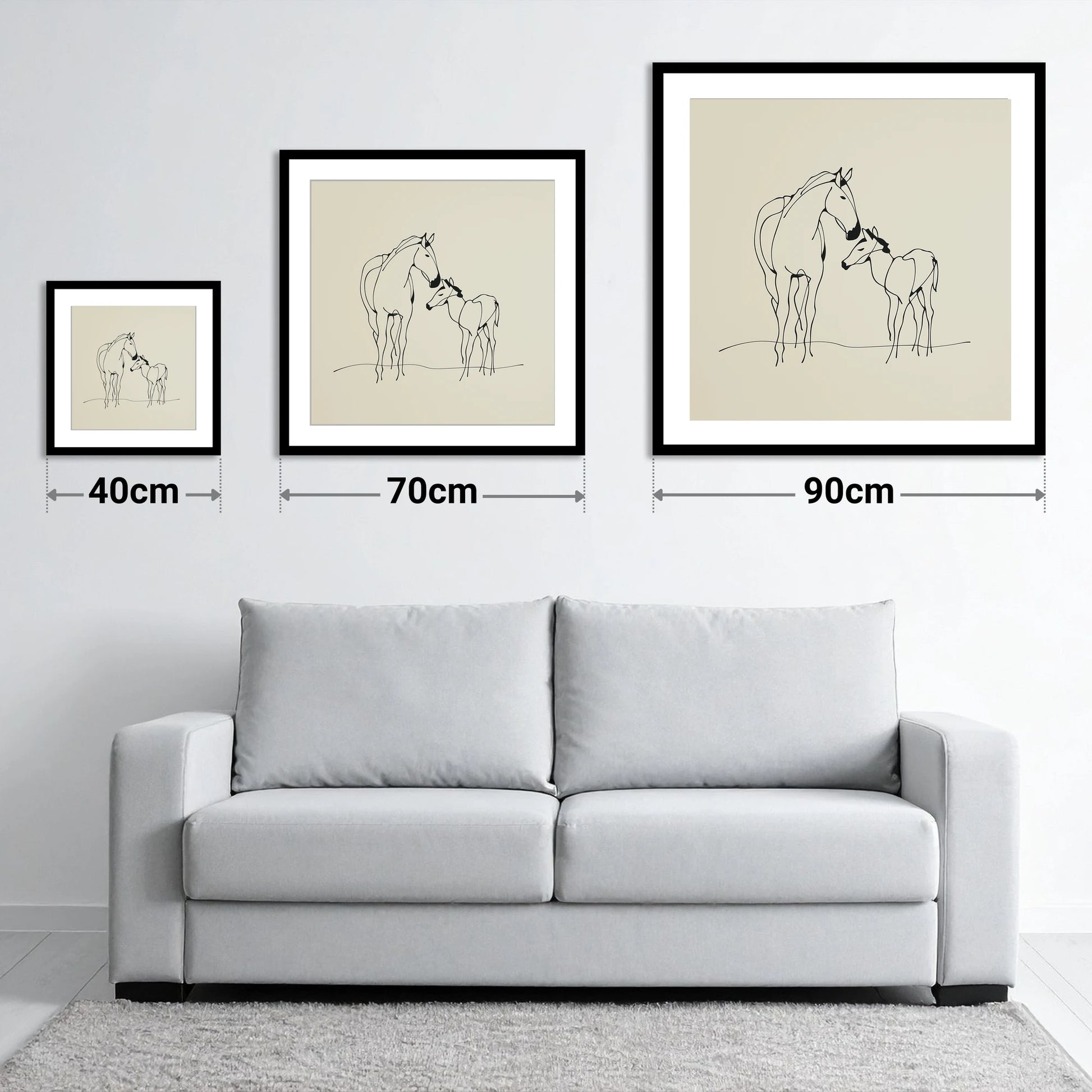 Quiet Maternal Bond - size guide showing 40cm, 70cm and 90cm art prints