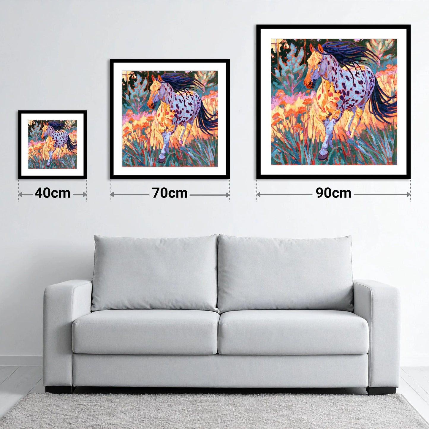 Colourful Appaloosa at Canter - size guide showing 40cm, 70cm and 90cm art prints