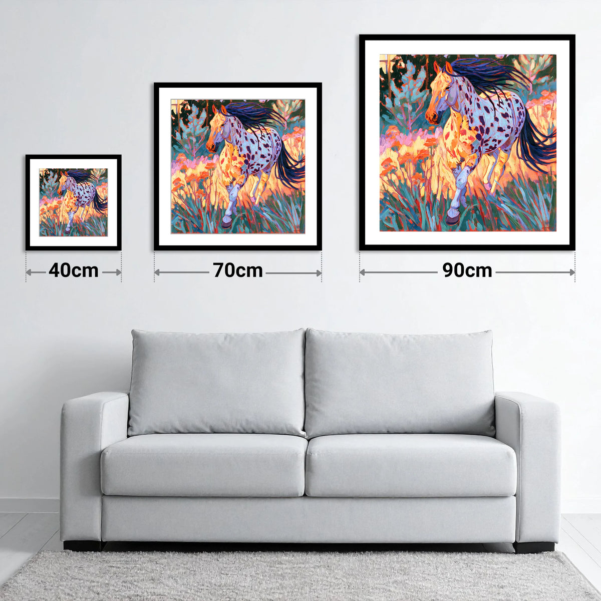 Colourful Appaloosa at Canter - size guide showing 40cm, 70cm and 90cm art prints
