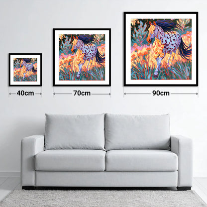 Colourful Appaloosa at Canter - size guide showing 40cm, 70cm and 90cm art prints