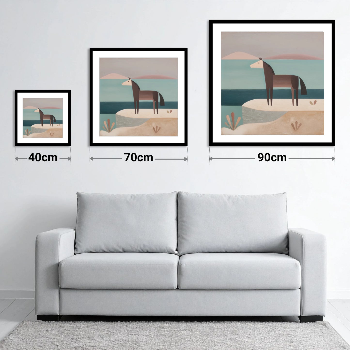 Coastal Solitude - size guide showing 40cm, 70cm and 90cm art prints