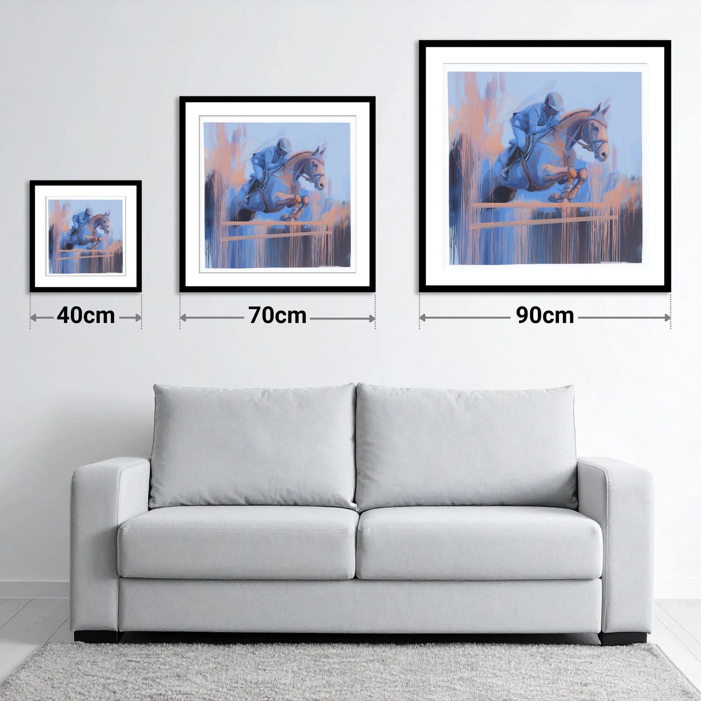 Momentum in Blue and Peach - size guide showing 40cm, 70cm and 90cm art prints