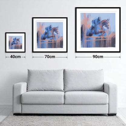 Momentum in Blue and Peach - size guide showing 40cm, 70cm and 90cm art prints