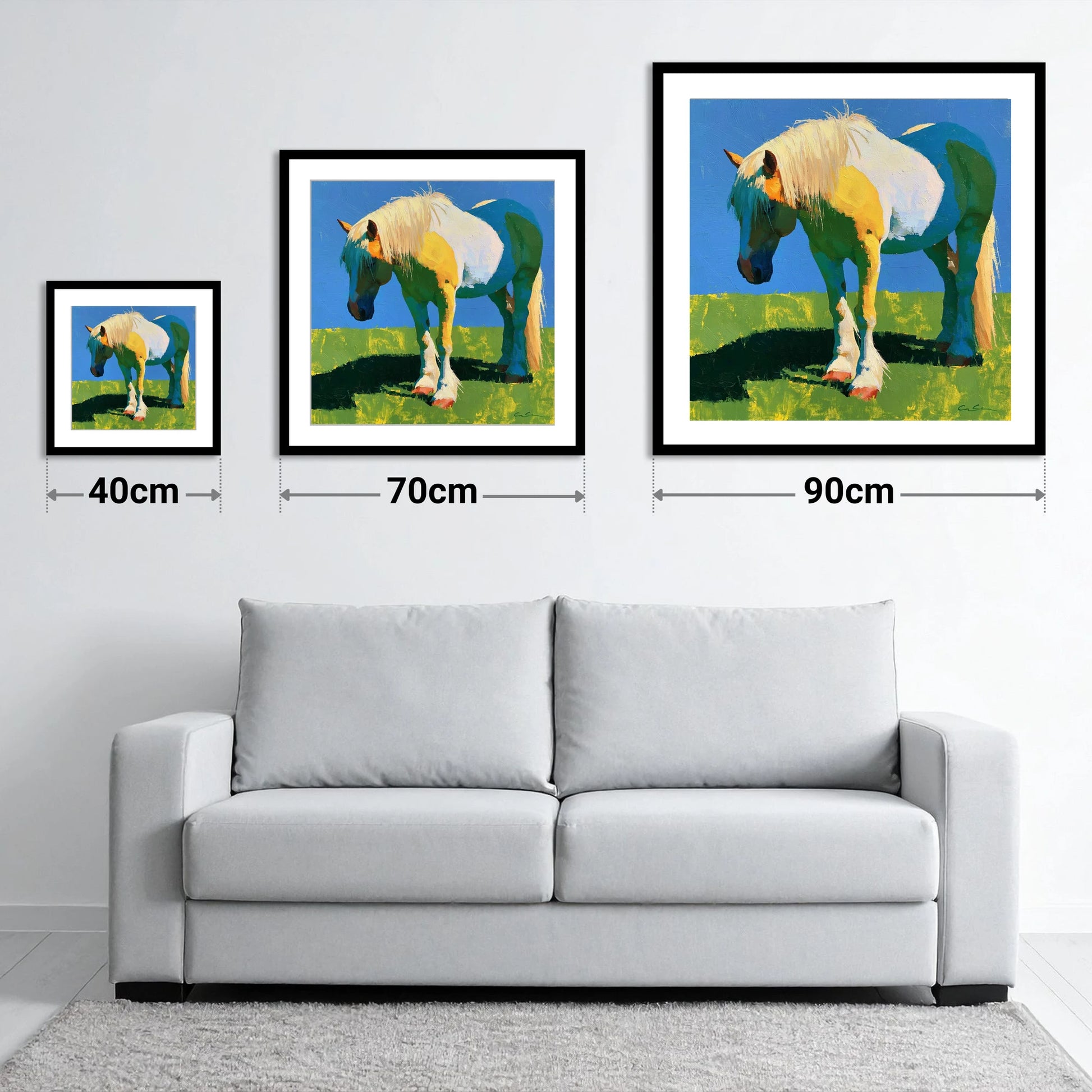 Colourful Cob in Summer Sunlight - size guide showing 40cm, 70cm and 90cm art prints