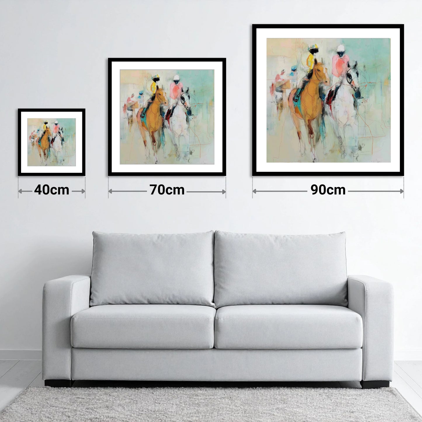 Echoes of the Turf - size guide showing 40cm, 70cm and 90cm art prints