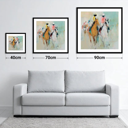 Echoes of the Turf - size guide showing 40cm, 70cm and 90cm art prints