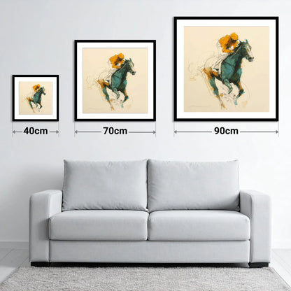 The Amber Surge - size guide showing 40cm, 70cm and 90cm art prints