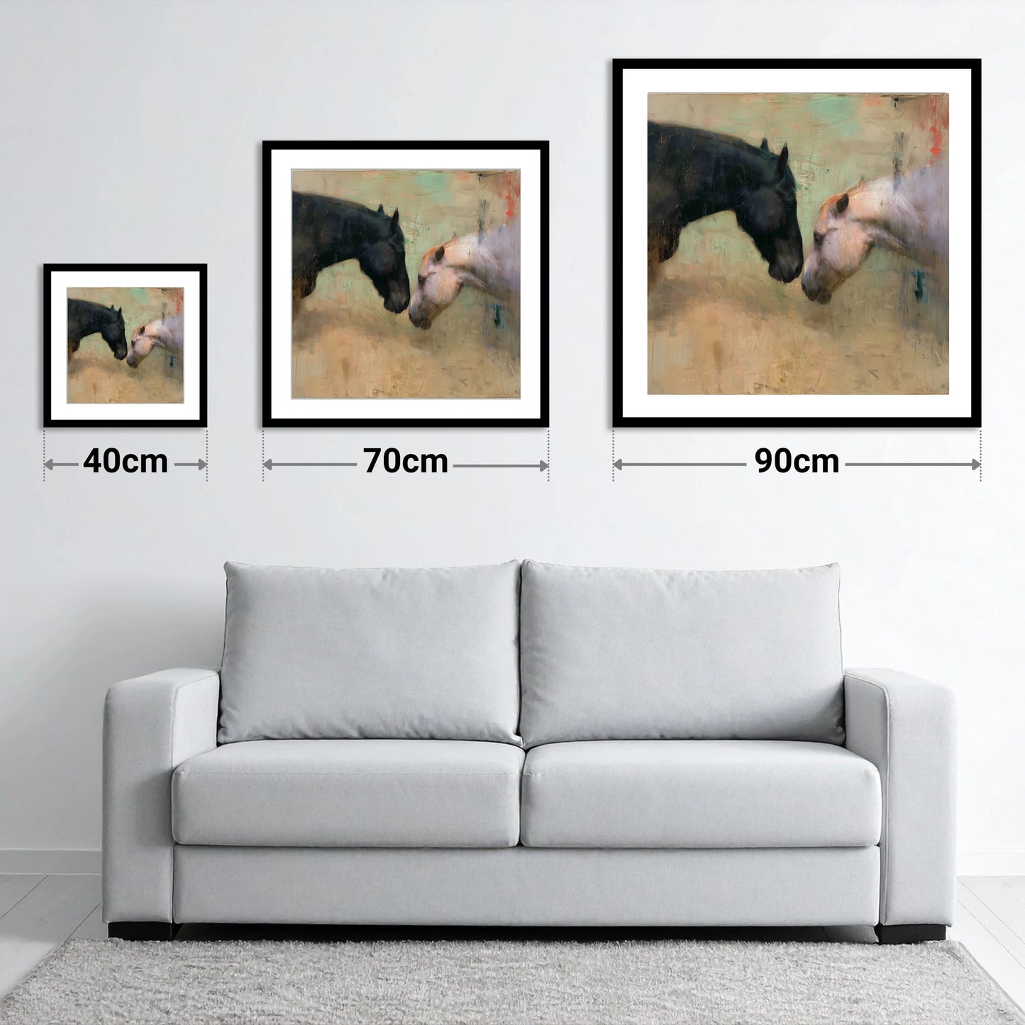 Silent Greeting - size guide showing 40cm, 70cm and 90cm art prints