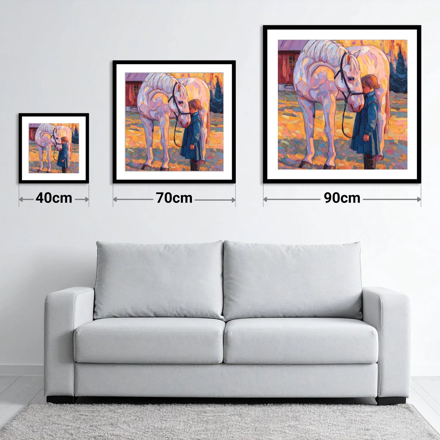 A Quiet Connection - size guide showing 40cm, 70cm and 90cm art prints