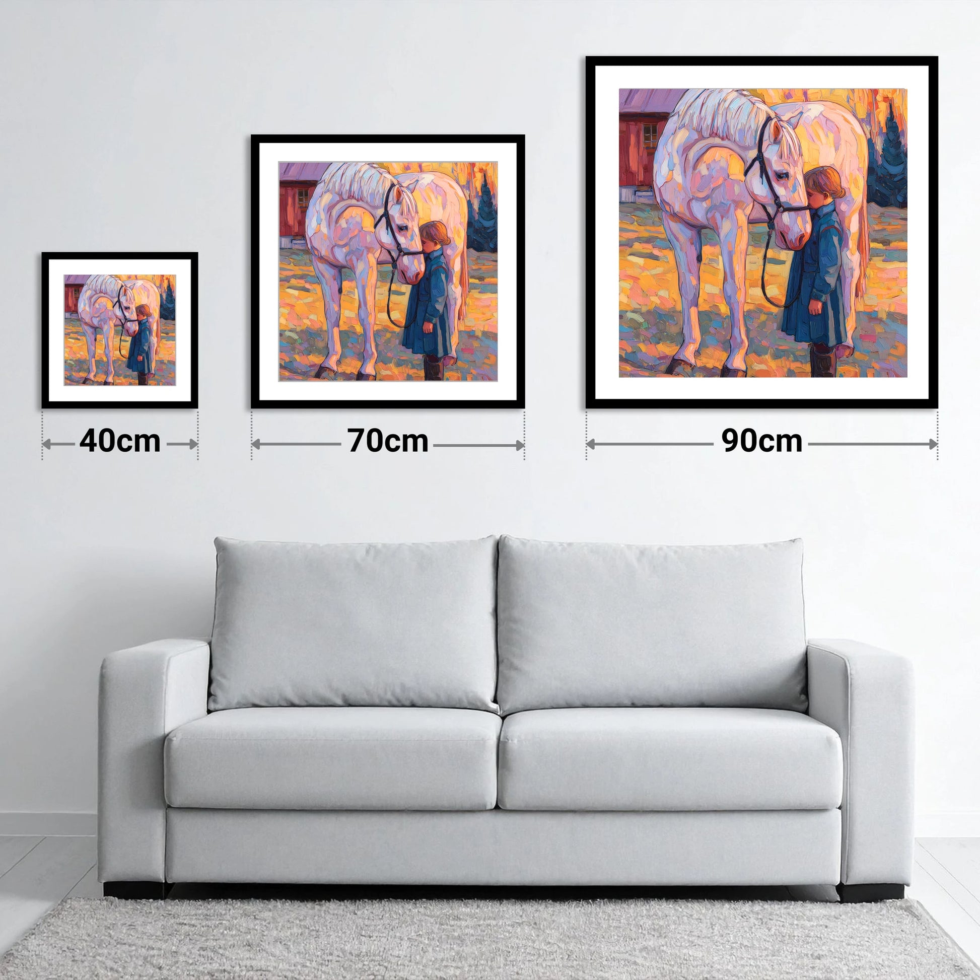A Quiet Connection - size guide showing 40cm, 70cm and 90cm art prints