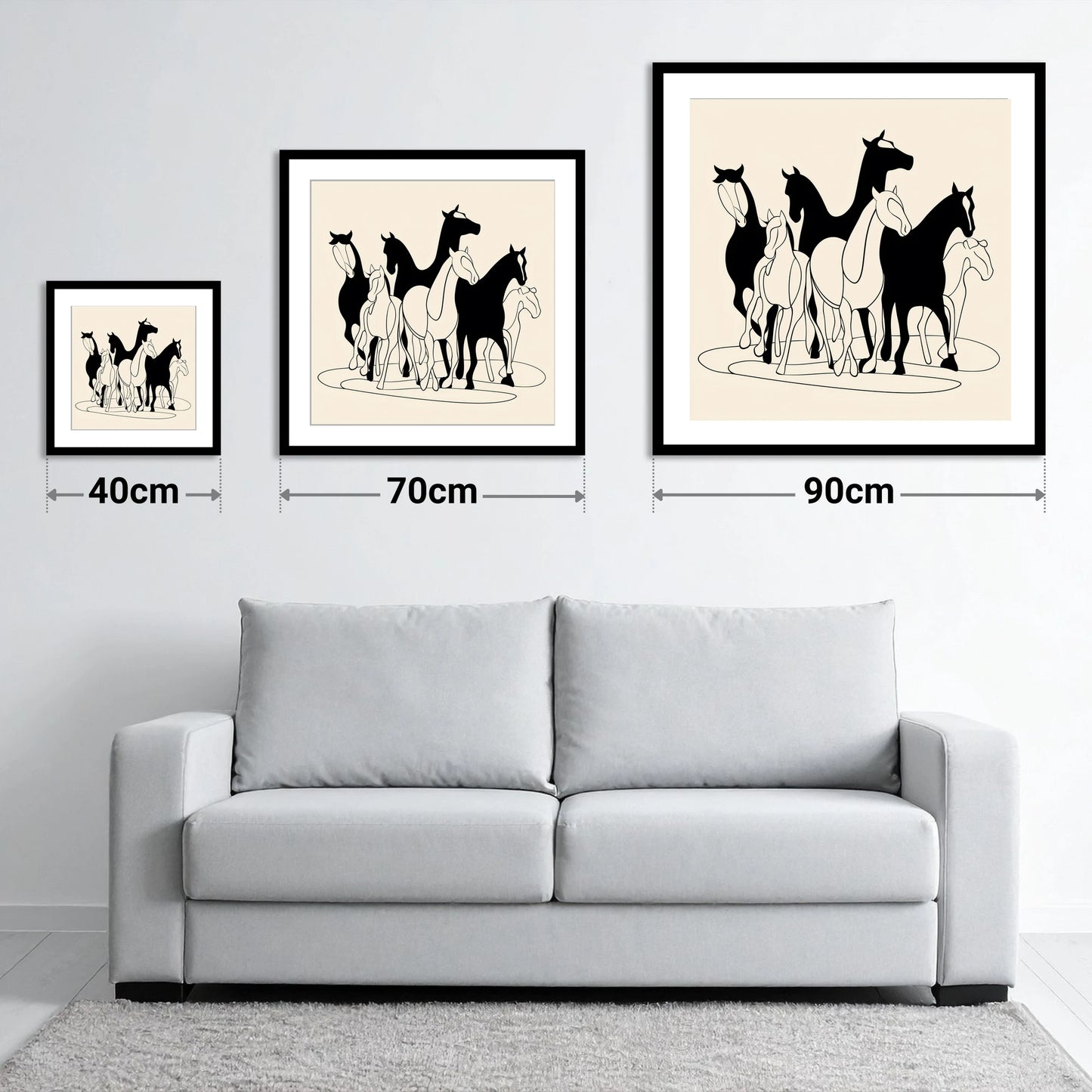 Monochrome Herd Silhouettes - size guide showing 40cm, 70cm and 90cm art prints