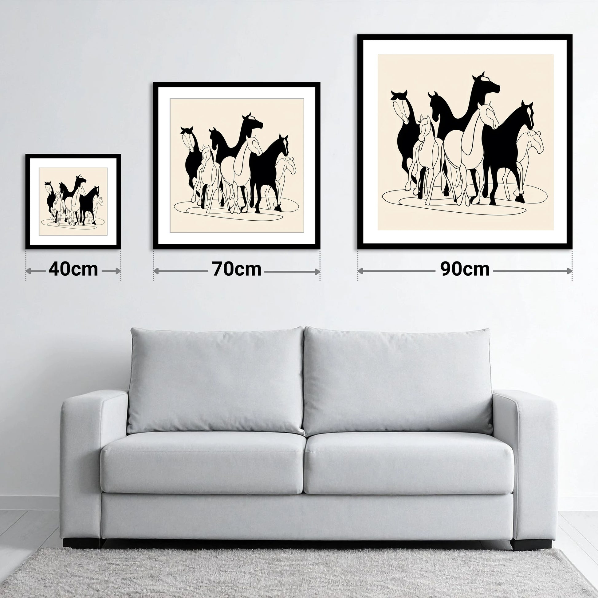 Monochrome Herd Silhouettes - size guide showing 40cm, 70cm and 90cm art prints