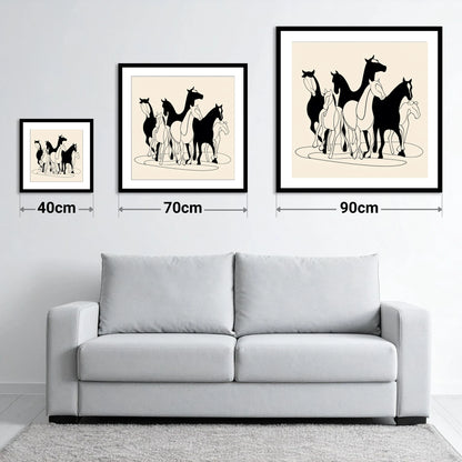 Monochrome Herd Silhouettes - size guide showing 40cm, 70cm and 90cm art prints