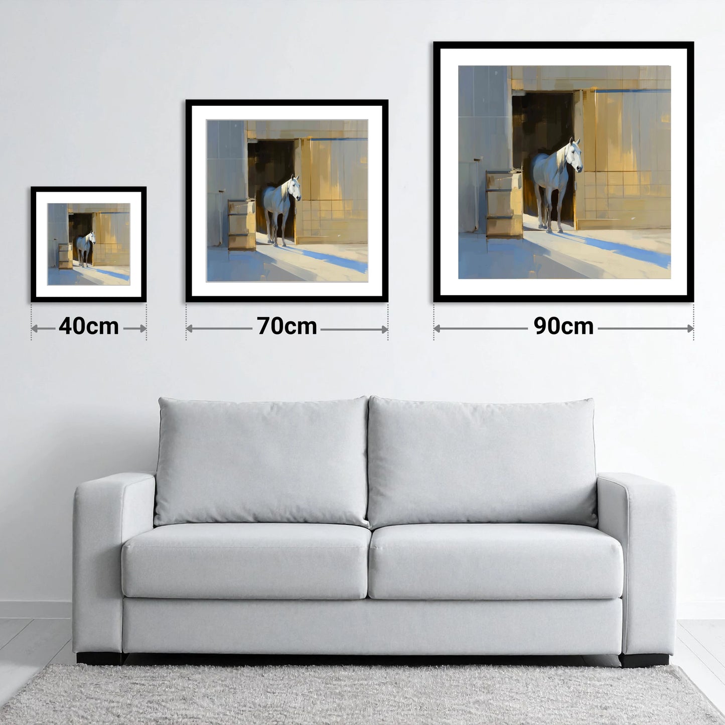 Sunlit Stable Doorway - size guide showing 40cm, 70cm and 90cm art prints
