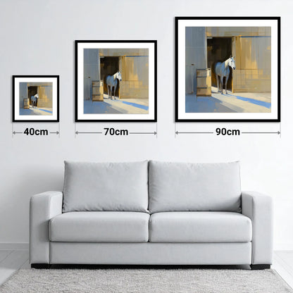 Sunlit Stable Doorway - size guide showing 40cm, 70cm and 90cm art prints
