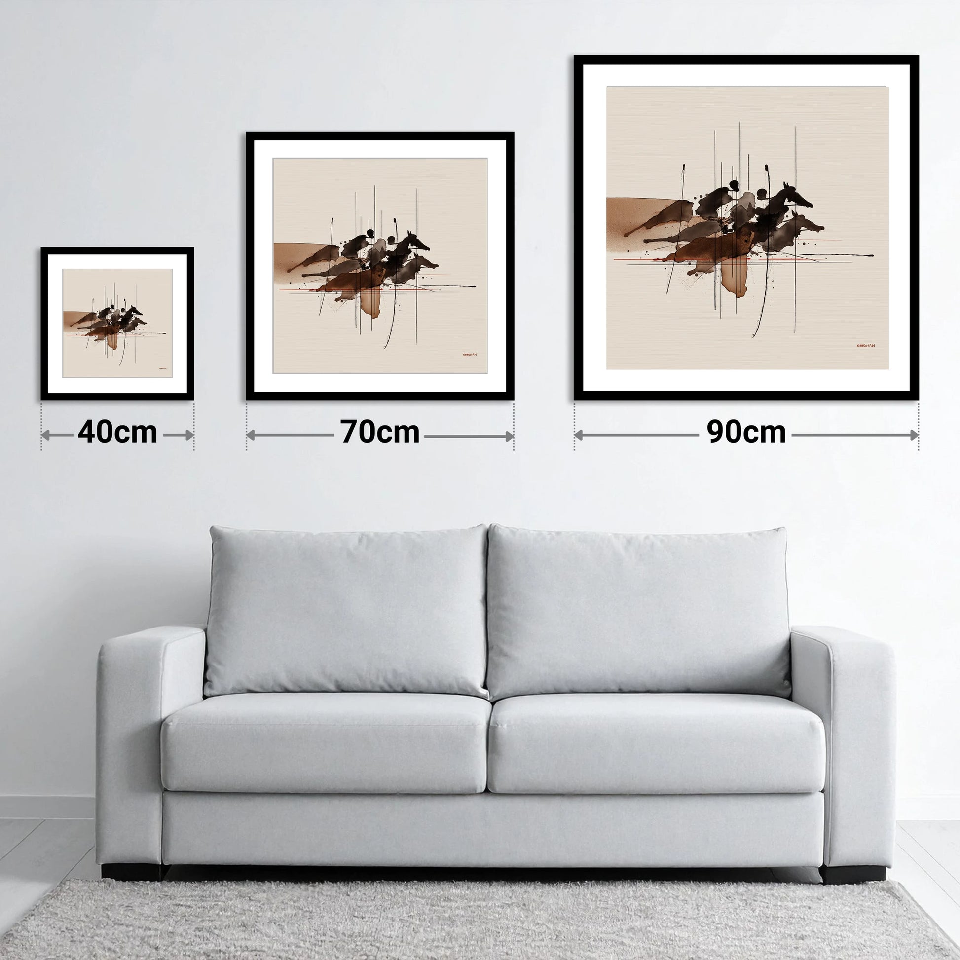 Pulse of the Turf - size guide showing 40cm, 70cm and 90cm art prints