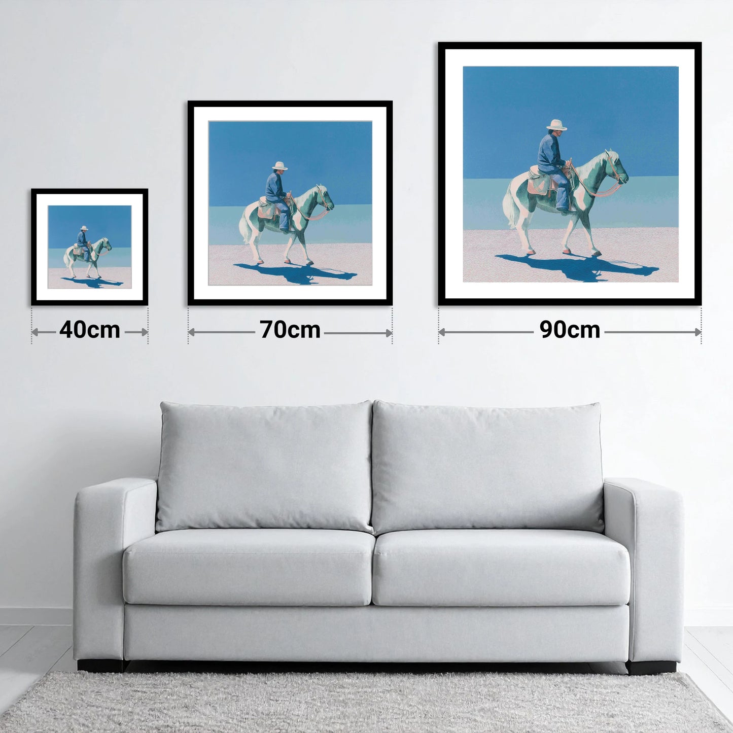 The Vast Horizon - size guide showing 40cm, 70cm and 90cm art prints