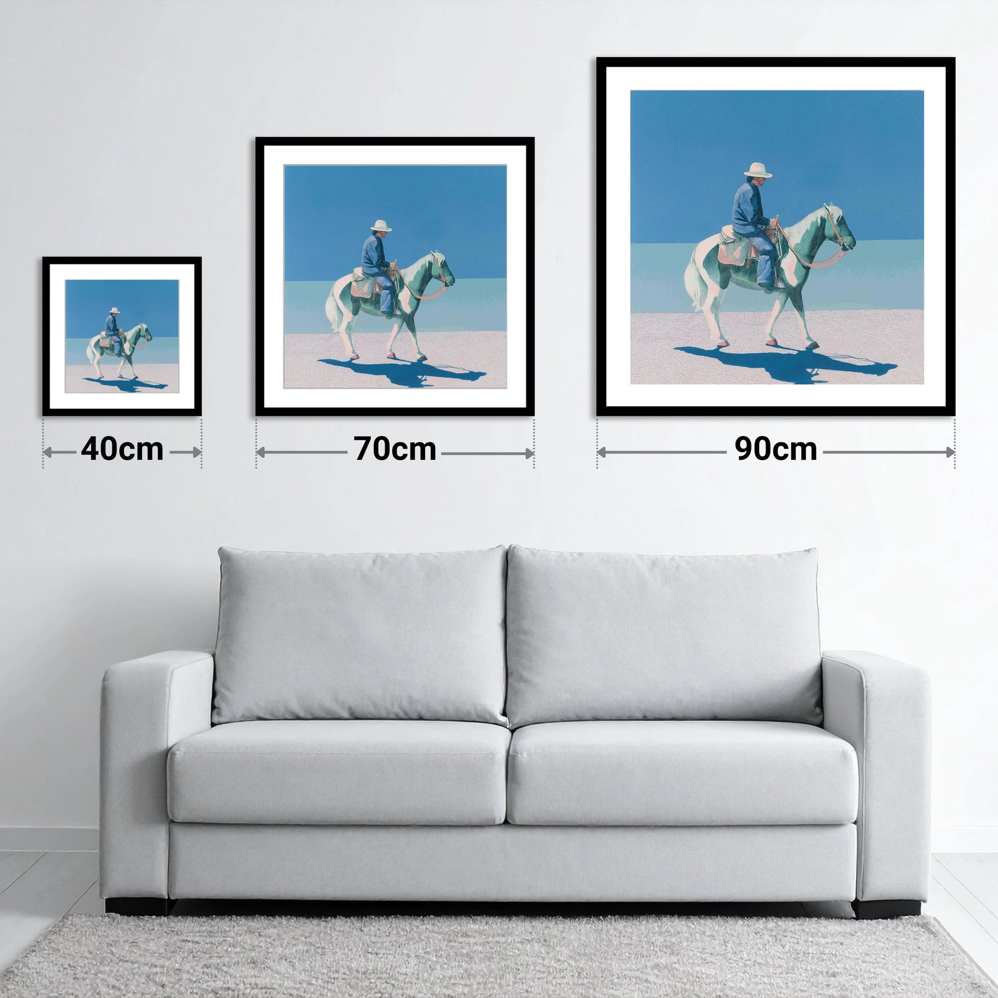 The Vast Horizon - size guide showing 40cm, 70cm and 90cm art prints