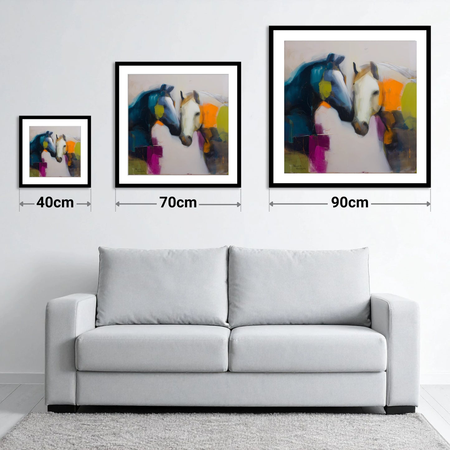 Vibrant Equine Bond - size guide showing 40cm, 70cm and 90cm art prints