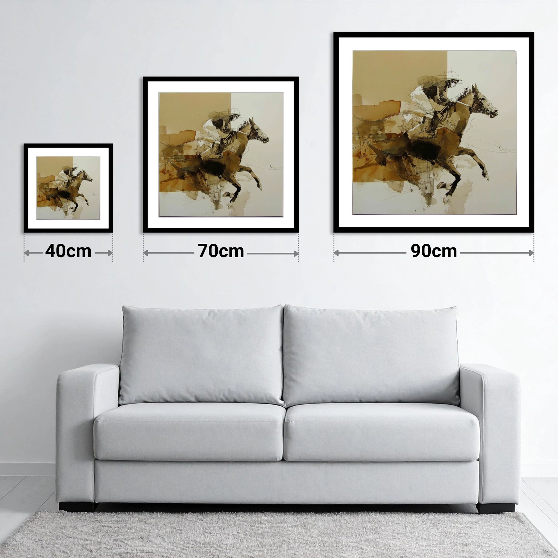 The Full Stretch - size guide showing 40cm, 70cm and 90cm art prints