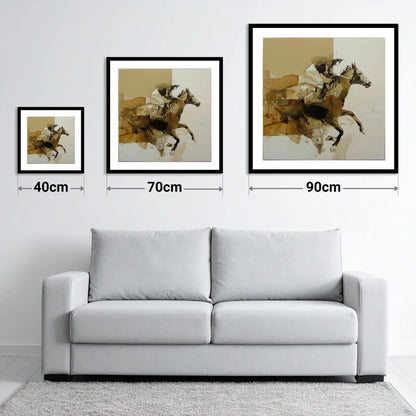 The Full Stretch - size guide showing 40cm, 70cm and 90cm art prints