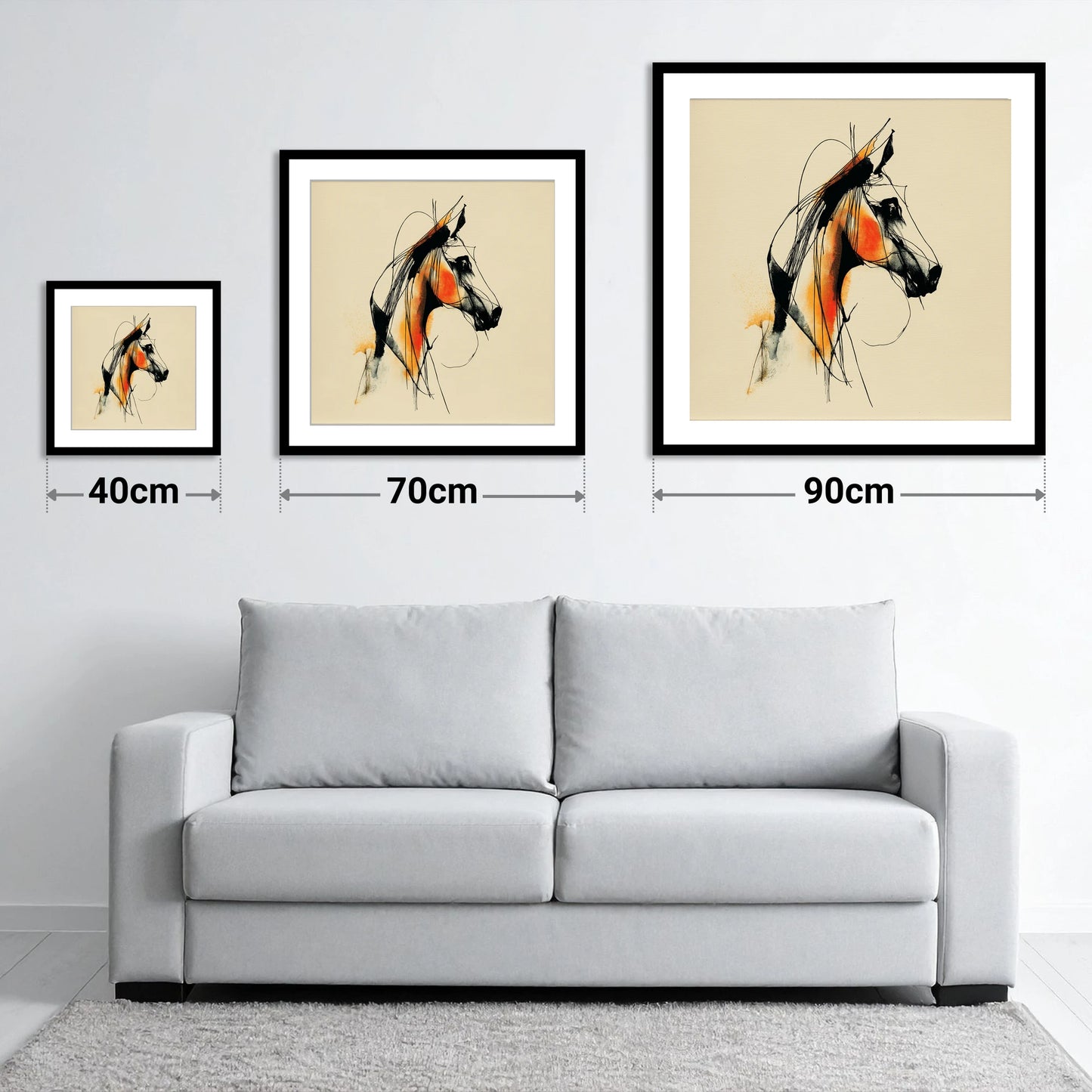 Dynamic Amber Profile - size guide showing 40cm, 70cm and 90cm art prints