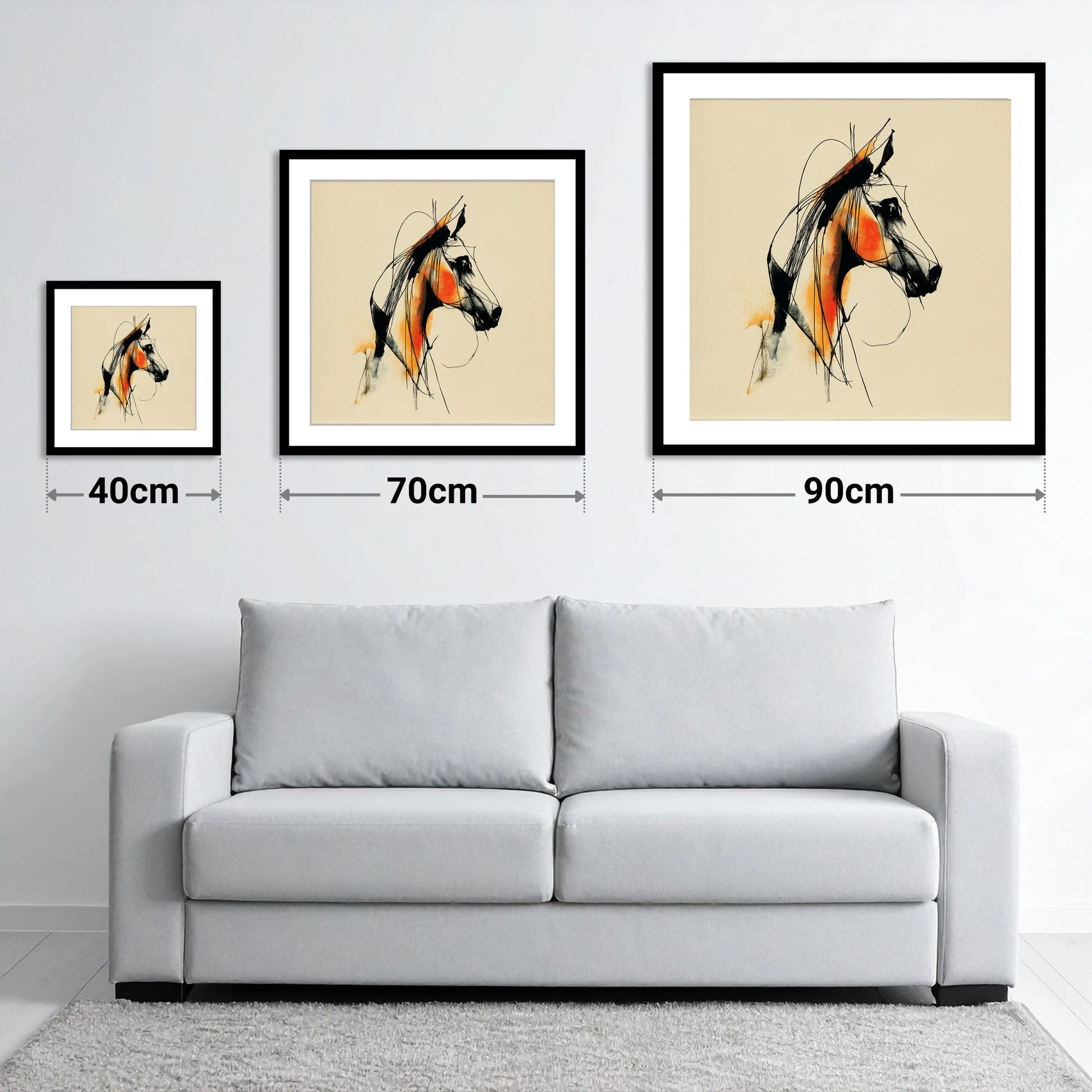 Dynamic Amber Profile - size guide showing 40cm, 70cm and 90cm art prints