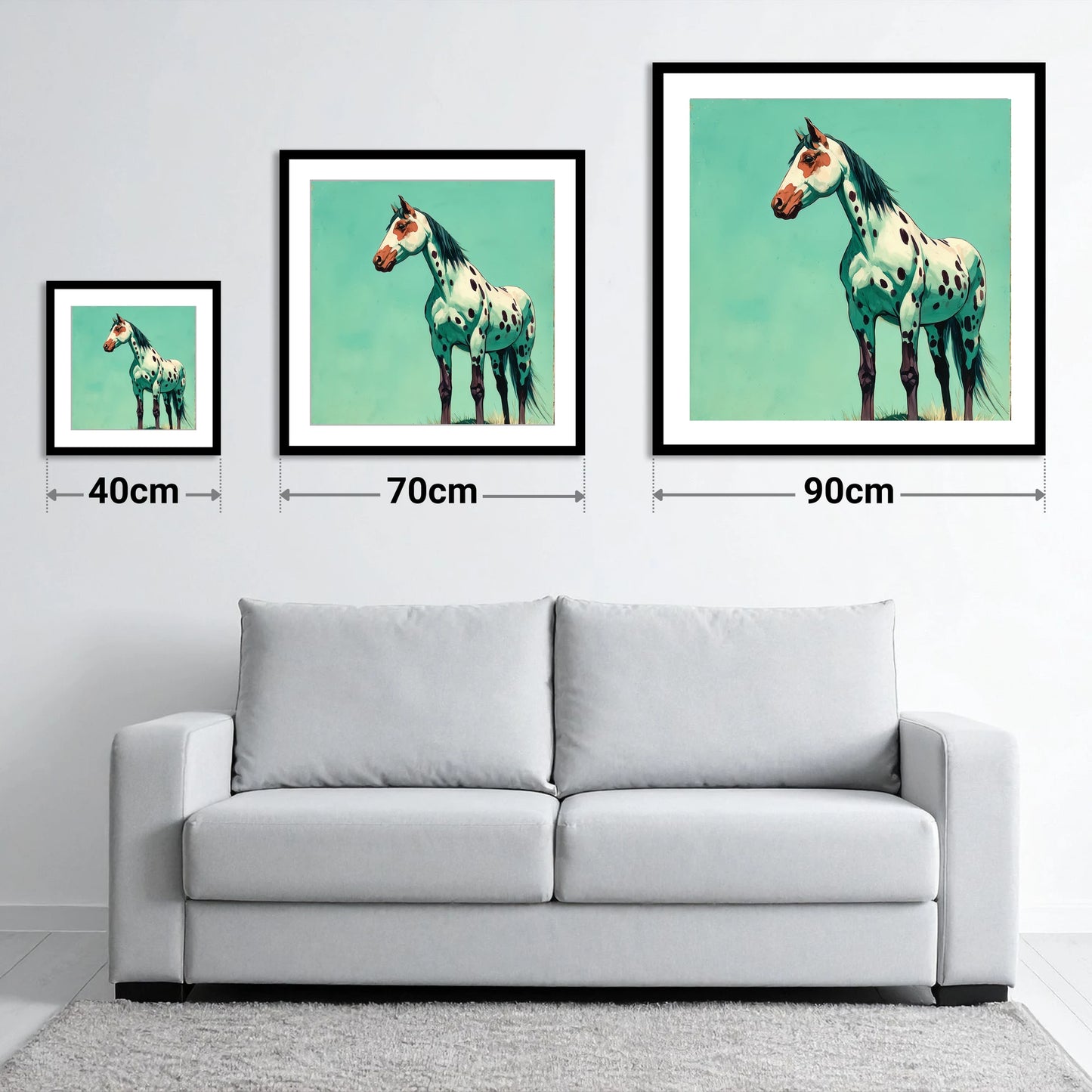 Striking Spotted Appaloosa - size guide showing 40cm, 70cm and 90cm art prints