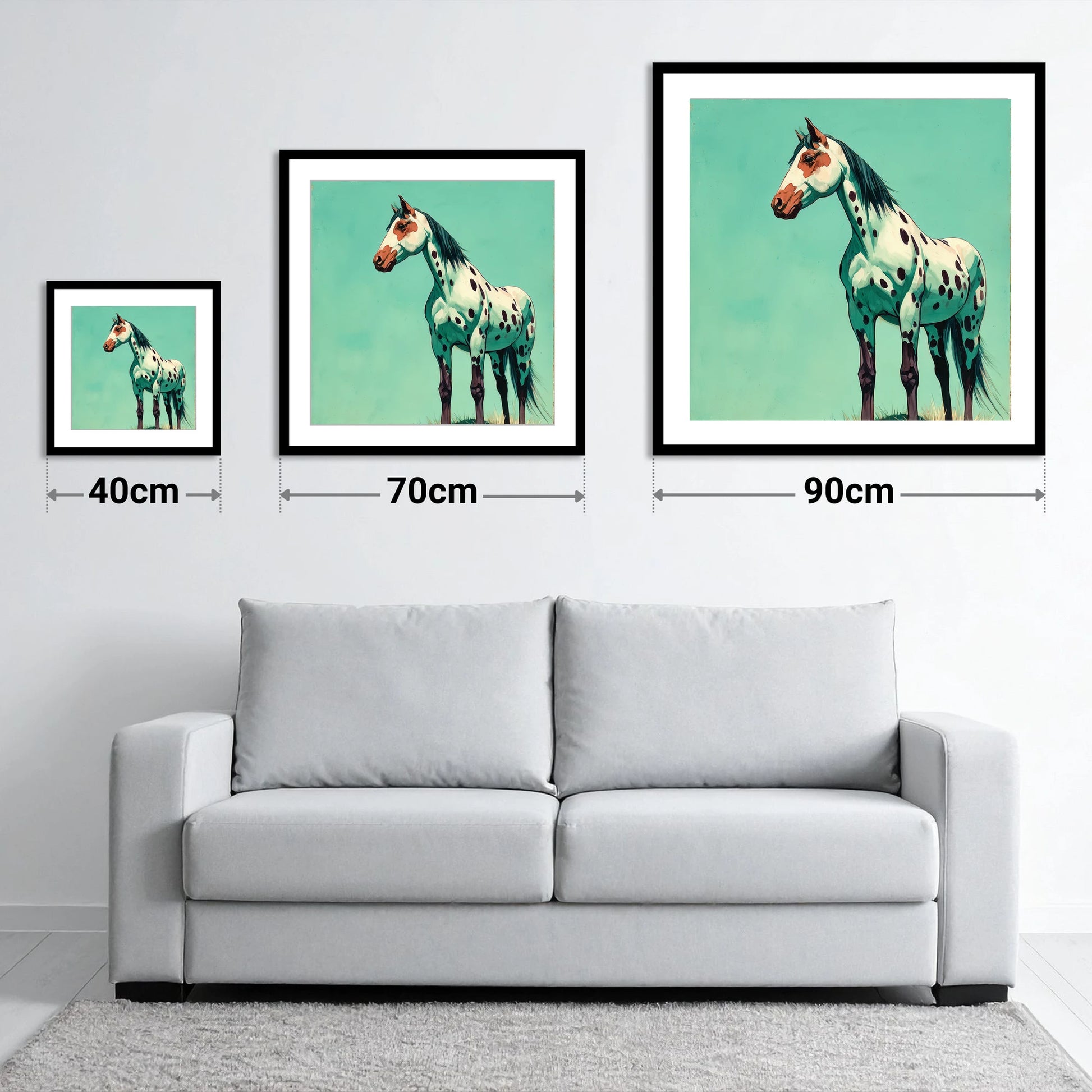 Striking Spotted Appaloosa - size guide showing 40cm, 70cm and 90cm art prints