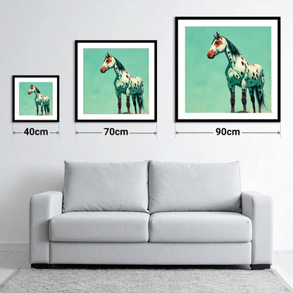 Striking Spotted Appaloosa - size guide showing 40cm, 70cm and 90cm art prints