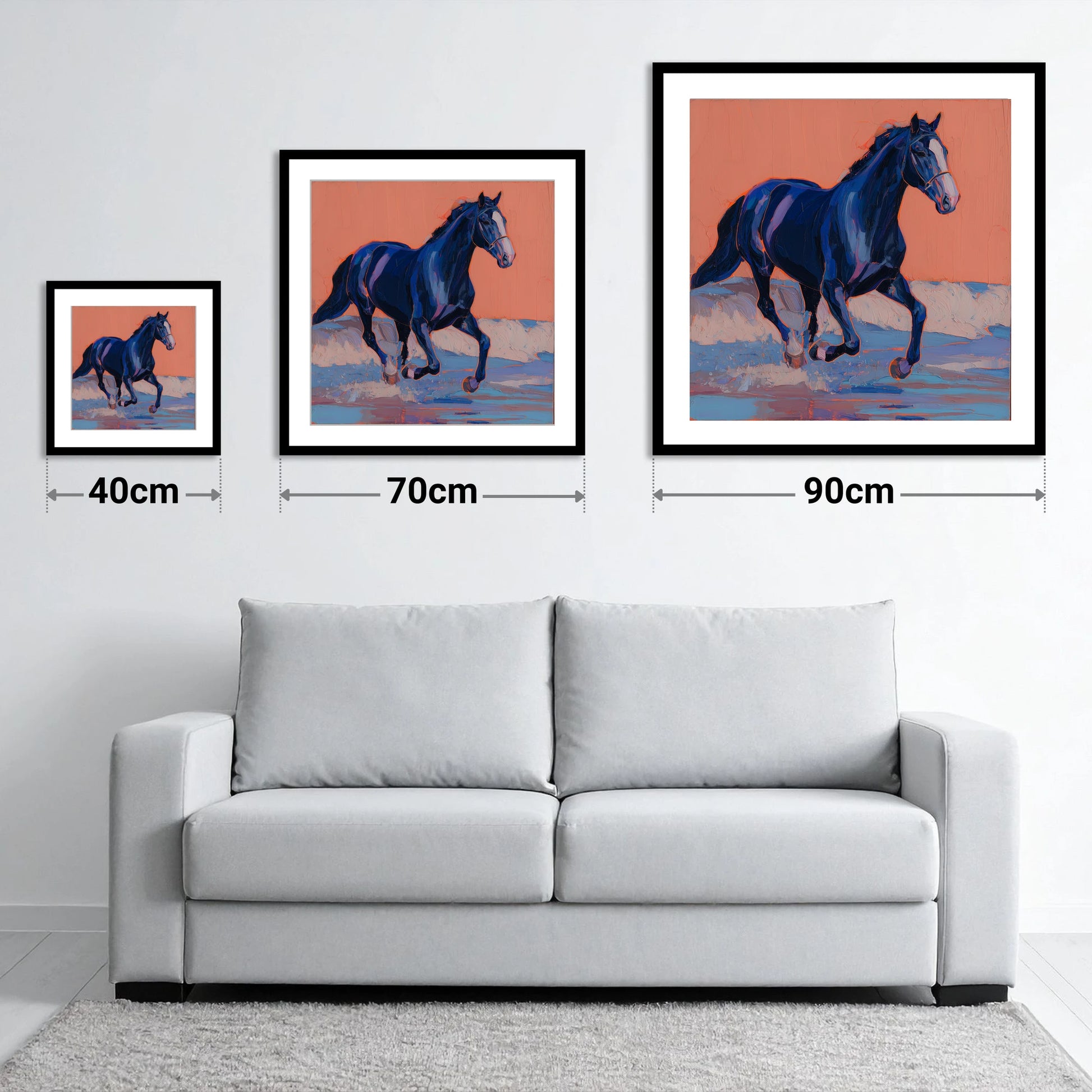 Vibrant Indigo Surf - size guide showing 40cm, 70cm and 90cm art prints