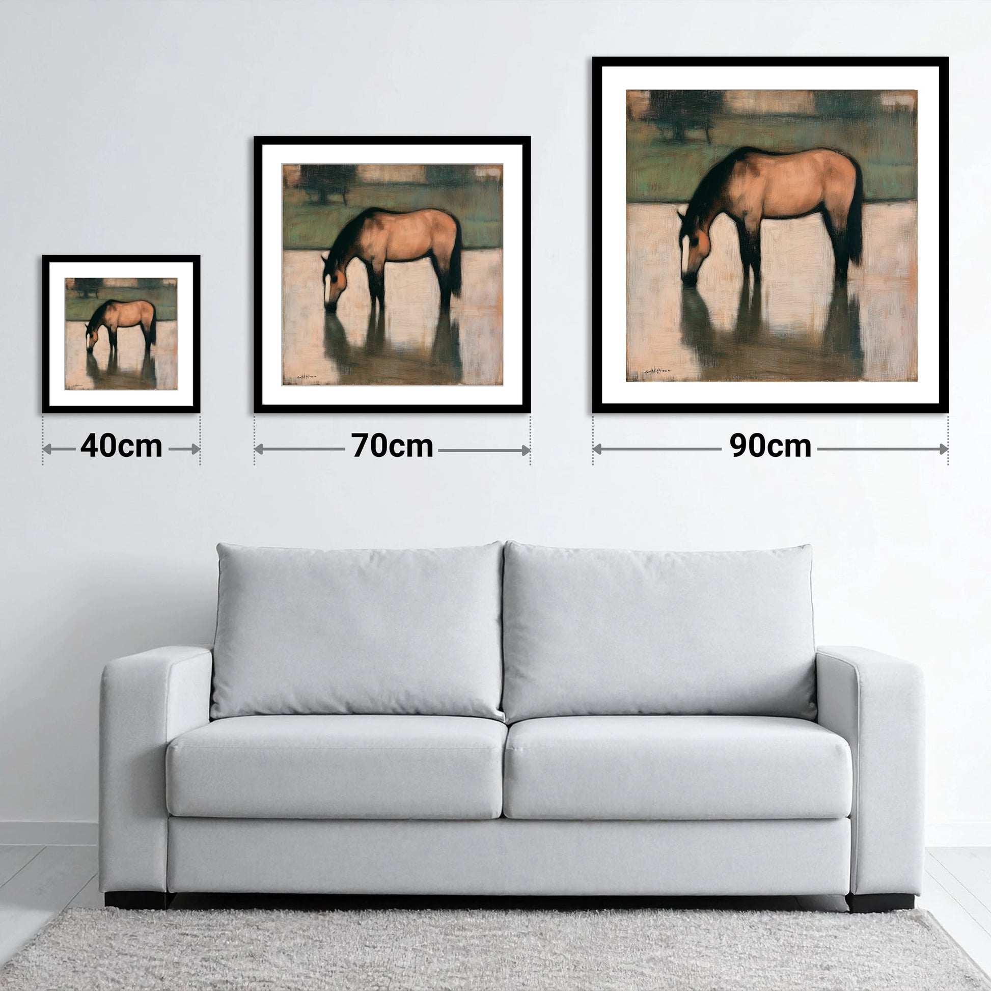 Quiet Reflection - size guide showing 40cm, 70cm and 90cm art prints