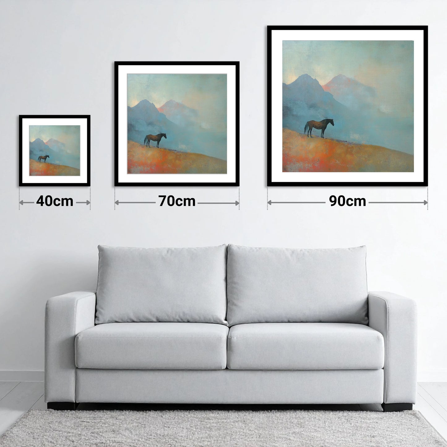Highland Solitude - size guide showing 40cm, 70cm and 90cm art prints
