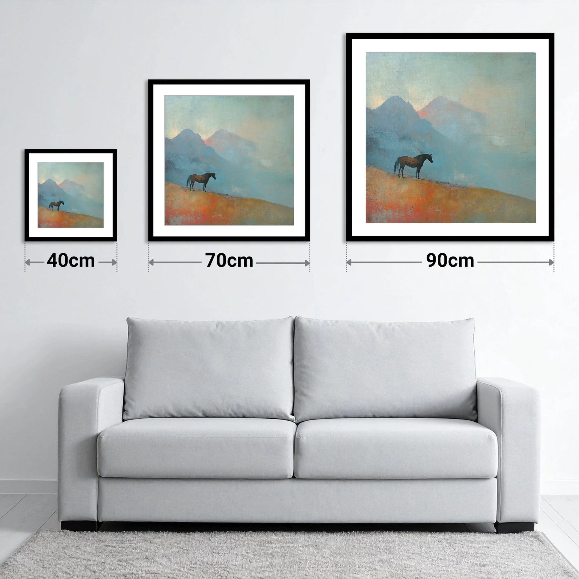 Highland Solitude - size guide showing 40cm, 70cm and 90cm art prints