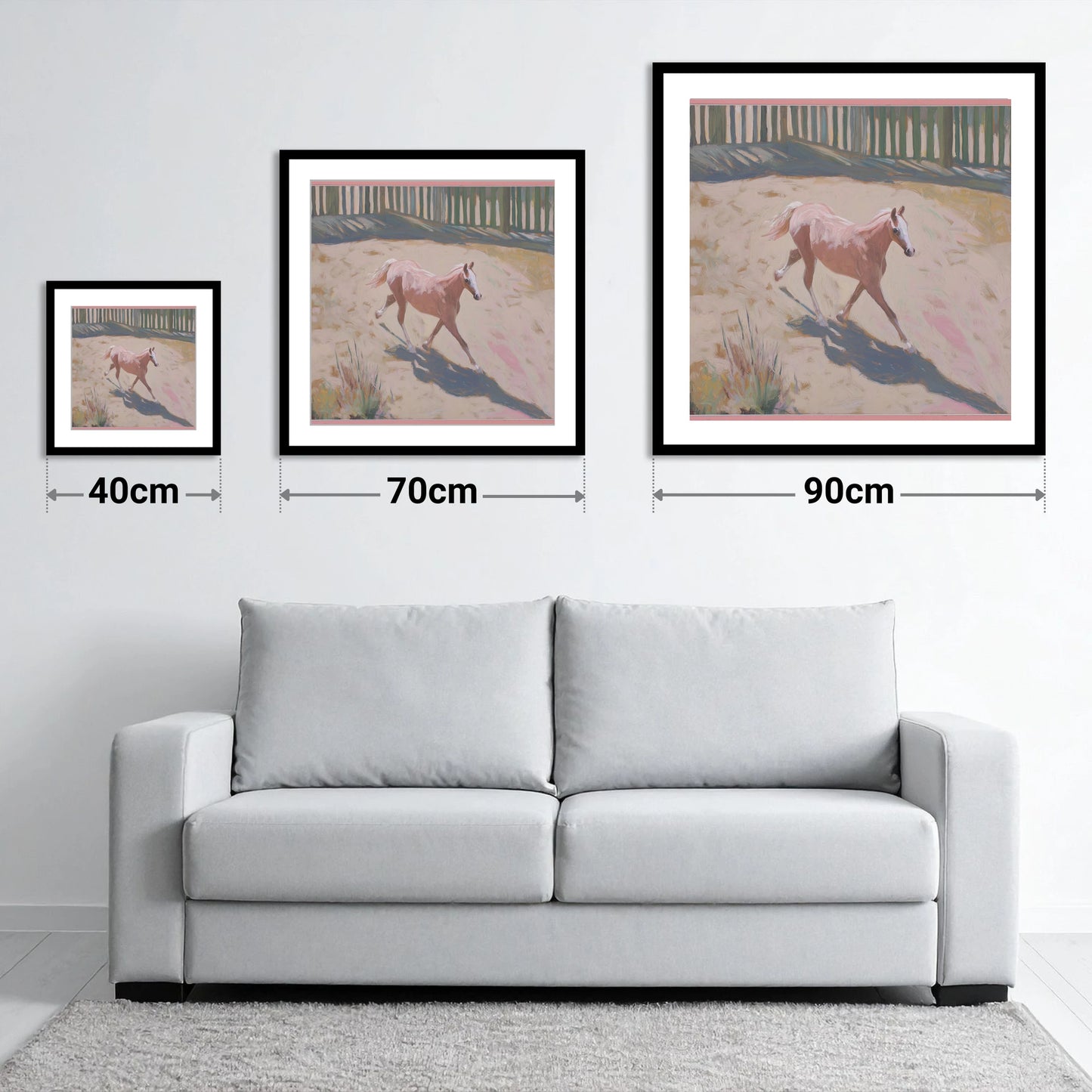 Sunlit Arena Stride - size guide showing 40cm, 70cm and 90cm art prints
