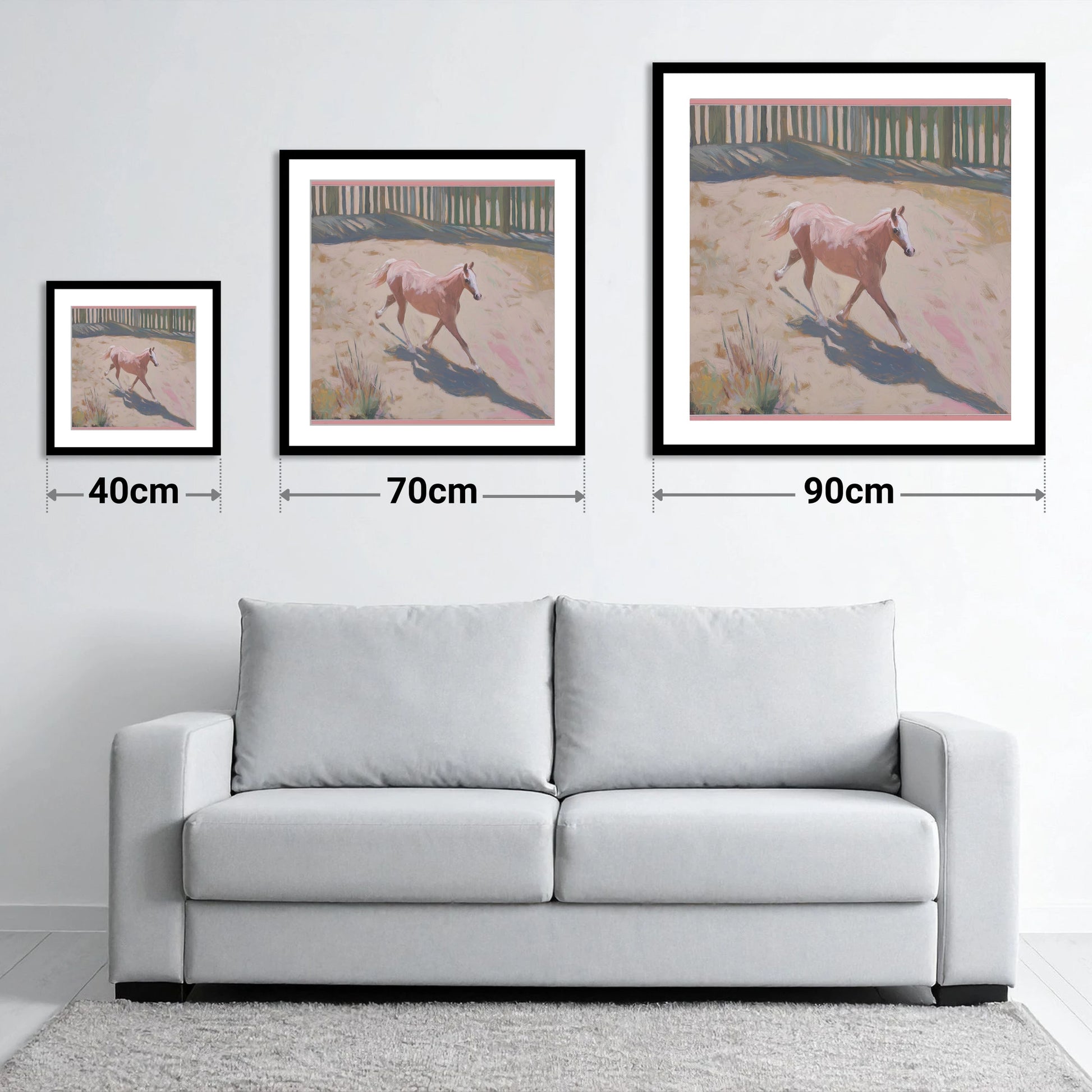 Sunlit Arena Stride - size guide showing 40cm, 70cm and 90cm art prints
