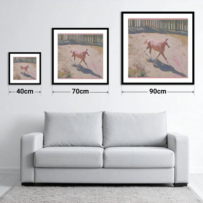 Sunlit Arena Stride - size guide showing 40cm, 70cm and 90cm art prints
